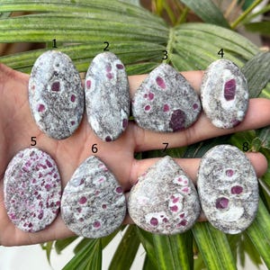 May include: Eight polished ruby stones in various shapes, including oval and teardrop. The stones have a gray and white matrix with vibrant red ruby inclusions. The stones are held in a hand against a backdrop of green foliage.