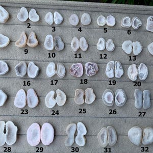 Könnte beinhalten: Eine Sammlung von 32 Paaren polierter Achatscheiben, jede mit einzigartigen Mustern und Farben. Die Scheiben variieren in Form und Größe, mit Variationen in Weiß-, Grau-, Rosa- und Brauntönen. Die Achate werden auf einer grauen Oberfläche präsentiert.