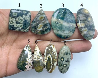 May include: Eight polished gemstones in diverse shapes, including square, triangular, oval, and teardrop. The stones feature green, brown, and cream hues with distinctive patterns. The gemstones are held in a hand.