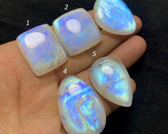 May include: Five polished moonstone cabochons in various shapes, including rectangular, square, and oval. The stones display a milky white base with iridescent blue and yellow flashes. The cabochons are held in a hand against a dark background.