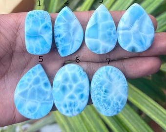 Può includere: Sette pietre preziose di larimar lucidate in varie forme, tra cui rettangolare, a goccia e ovale. Le pietre mostrano un colore azzurro chiaro con motivi marmorizzati bianchi, che ricordano le onde dell'oceano. Le pietre sono tenute in una mano.