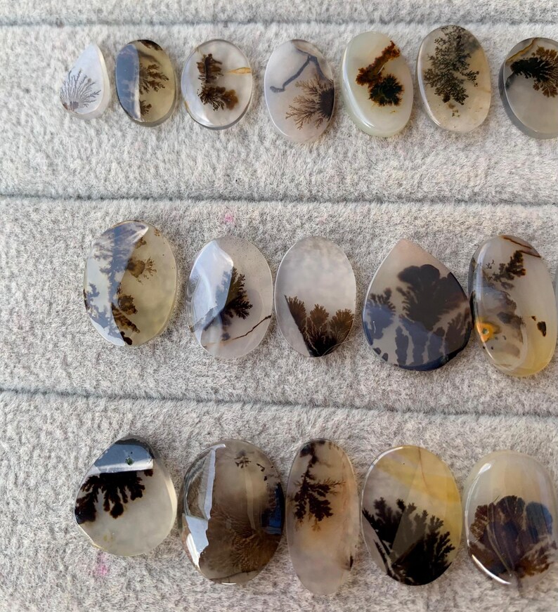 May include: A collection of polished dendritic agate gemstones in various oval and teardrop shapes. The translucent stones display intricate, fern-like patterns in shades of brown and black against a milky white or clear background. The stones are arranged on a gray surface.