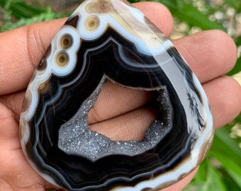 Black & White Window Druzy Cabochon, Crystal Gemstone Pendant (58x54 MM)