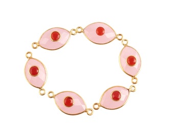Tiny Pink Chalcedony Charms Connectors, Red Garnet Oval Round Shape Double Bail Connectors, Gold Plated Bezel Set, DIY Pendant Connectors