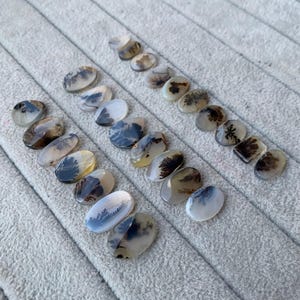May include: A collection of polished dendritic agate gemstones in various oval and rectangular shapes. The stones display natural patterns in shades of brown, black, and white, resembling miniature landscapes. The gemstones are arranged on a gray, textured surface.