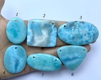 Big Larimar Drilled Gemstone Cabochon, Natural Larimar Cabochon, Dominican Republic Stone, Handmade Loose Cabochon Flat Back Gemstone,