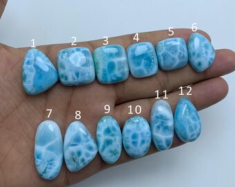 Può includere: Dodici pietre preziose di larimar lucidate in varie forme, tra cui ovali, a goccia e quadrate. Le pietre preziose sono azzurre con venature bianche, tenute in mano. Ogni pietra è numerata.