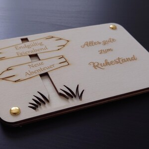 Geldgeschenkkarte für Geld- oder Gutscheine | Holzkarte für Geldgeschenke | zur Rente | Ruhestand
