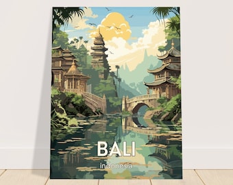 May include: A vertical poster featuring a landscape illustration of Bali, Indonesia. The scene depicts traditional tiered temples, a stone bridge over a calm river, lush green foliage, and a large yellow sun in the sky. The text BALI indonesia is centered.