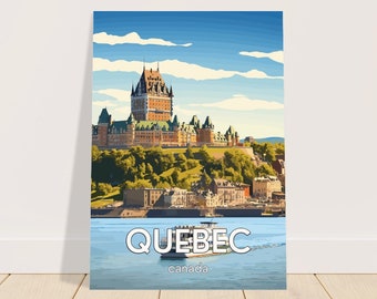 May include: A vertical travel poster featuring a stylized illustration of the Fairmont Le Château Frontenac in Quebec City, Canada, overlooking a river with a ferry boat in the foreground. The text QUEBEC is printed in large white letters.