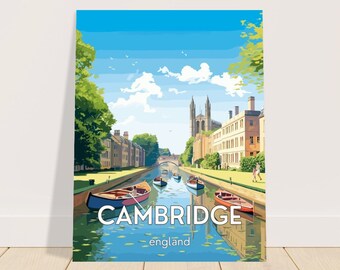 Könnte beinhalten: Ein Reiseplakat mit einer Illustration des Flusses Cam in Cambridge, England, mit Stocherkähnen auf dem Wasser, historischen Steingebäuden, grünen Bäumen und einem hellblauen Himmel mit weißen Wolken. Der Text CAMBRIDGE england ist zentriert.