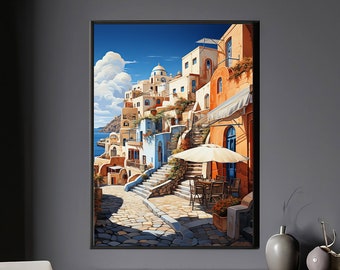 Santorini street life, poster, Greek street life, wall decoration, Greece art