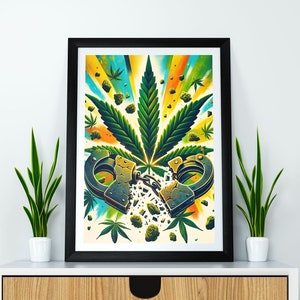Könnte beinhalten: Ein gerahmter Kunstdruck mit einem Cannabisblatt und Handschellen. Das Kunstwerk verwendet eine lebendige Farbpalette aus Grün, Gelb, Blau und Orange. Der Druck wird auf einem weißen und holzfarbenen Schrank mit zwei kleinen Topfpflanzen auf jeder Seite ausgestellt.