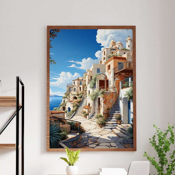 Greek Art and Architecture Poster, Farbenfrohe Illustration mit alten Häusern, Wanddekoration, Griechenland Kunst
