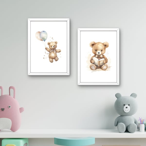 Set of 2 posters with neutral teddy bears for the children's room, digital file, watercolor poster set, bundle of 3 children's wall pictures