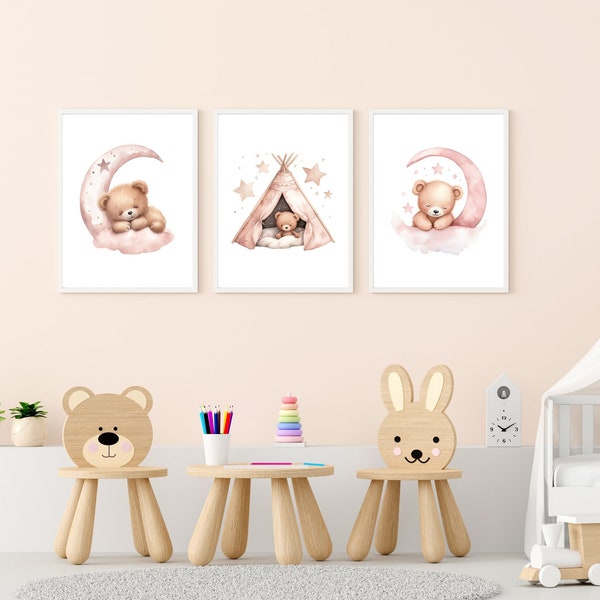 Set of 3 posters with pink sleepy teddy bears for the children's room, digital file, watercolor poster set, bundle of 3 children's wall pictures