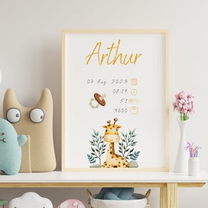 Birth poster - giraffe - baby - birth - birth gift - nursery - boy - poster