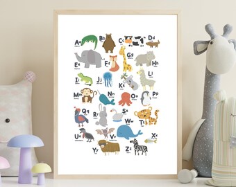 Animals ABC learning poster in bright colors wall picture, digital file, children's room, wall decoration, alphabet picture, children's poster, baby room, decoration