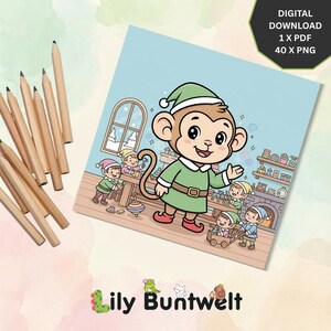 May include: A digital download featuring a cartoon monkey dressed as an elf, surrounded by other elves in a workshop setting. The image includes the text "DIGITAL DOWNLOAD 1 X PDF 40 X PNG" and the Lily Buntwelt logo. Pencils are scattered on the left.