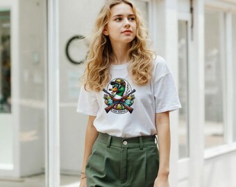 Funny Egg Hunter Duck T-Shirt | Cool Mallard with Shotguns Easter Tee | Hunting Season Graphic Shirt for Men Women