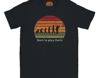 Born to Play Darts T-Shirt | Funny Darts Evolution Tee | Retro Sunset Darts Player Gift for Men | Darts Fan Apparel