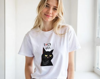 Maglietta con gatto nero e dito medio | Maglietta divertente con gatto sarcastico | Idea regalo con gatto impertinente