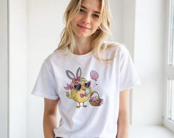 Cute Easter Chick Bunny Ears Sunglasses T-Shirt | Trendy Peace Sign Easter Basket Tee | Happy Easter Gift