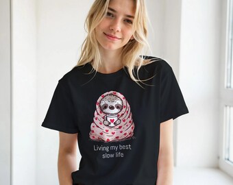 Cute Sloth T-Shirt Living My Best Slow Life | Cozy Animal Lover Tee with Coffee Mug | Relaxed Vibe Unisex Shirt