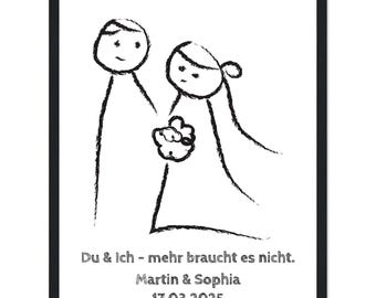 Personalized Wedding Illustration – Wooden Framed Poster | Names & Date | Minimalist Wedding Art Print | Custom Wedding Gift