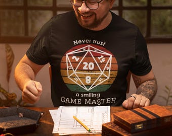 Never Trust a Smiling Game Master Shirt | D20 RPG Tee | Funny Dungeon Master Gift | Tabletop Gaming