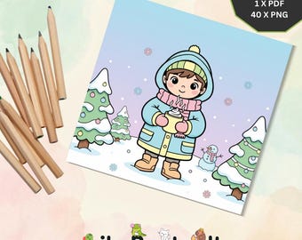Libro para colorear de nieve de cacao para niños | PDF PNG imprimible digital | Actividad invernal de descarga instantánea | Libro para colorear de 40 páginas