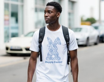 Happy Easter Bunny Shirt | Blue Lace Pattern Tee | Delicate Rabbit Design | Spring Holiday Gift T-Shirt