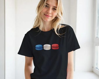 France Macaron T-Shirt – French Flag Shirt with Blue White Red Macarons | Funny France Graphic Tee | Unisex Classic Shirt