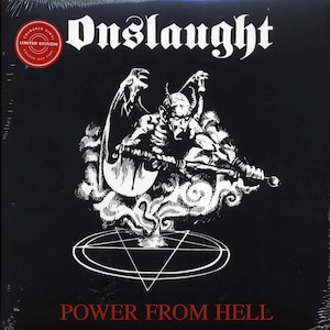 May include: Black vinyl record album cover with the band name "Onslaught" in white gothic lettering. The cover features a white illustration of a demonic figure with wings, holding a weapon, above the words "POWER FROM HELL". A red sticker indicates a limited edition.