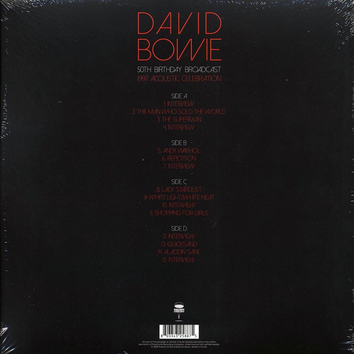 英2discs LP David Bowie 50th Birthday Broadcast 1997 Acoustic Celebration PARA404LP PARACHUTE RECORDING COMPANY /00520 2LP DAVID BOWIE 50th Birthday Broadc PARA404LP PARACHUTE RE