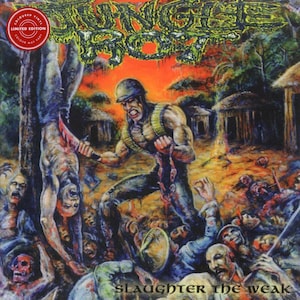 May include: A colorful album cover with a violent scene depicting a soldier in a jungle setting. The soldier is holding a knife and a chain, and there are many dead bodies around him. The album title "Jungle Rot" and the text "Slaughter the Weak" are visible on the cover.