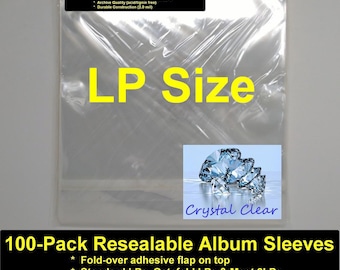 Record Bags - Pack of 100 Polypropylene Crystal Clear LP Bags With Resealable Flap / LP Vinyl (Music Supplies) Music Supplies & Accessories