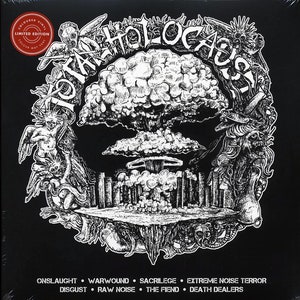 May include: Black and white illustration of a mushroom cloud with a city skyline in the foreground. The text "TOTAL HOLOCAUST" is written in a circular pattern around the mushroom cloud. The text "ONSLAUGHT, WARWOUND, SACRILEGE, EXTREME NOISE TERROR, DISGUST, RAW NOISE, THE FIEND, DEATH DEALERS" is written below the illustration.
