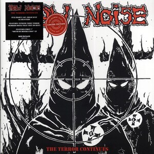 May include: Black and white album cover art for the band Row Noise. The cover features two hooded figures in front of a cross, with a target symbol over them. The text "The Terror Continues" is at the bottom of the image.