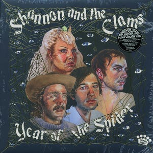 May include: Album cover for "Year of the Spider" by Shannon and the Clams. The artwork features a painted portrait of four band members against a dark background with spiderwebs and eyes. The band's name and album title are prominently displayed.