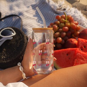 Coquette Glass Mug, Cherrie and Bow Glass Mug, Cherry Glass Mug with Bamboo Lid and Glass Straw, Iced Latte Glass Mug, Reusable Glass Mug