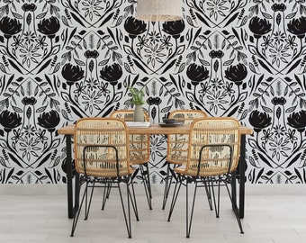 Black And White Floral Removable Wallpaper, Peel And Stick Or Pre-Pasted Flower Wallpaper, Black And White Botanical Wall Mural