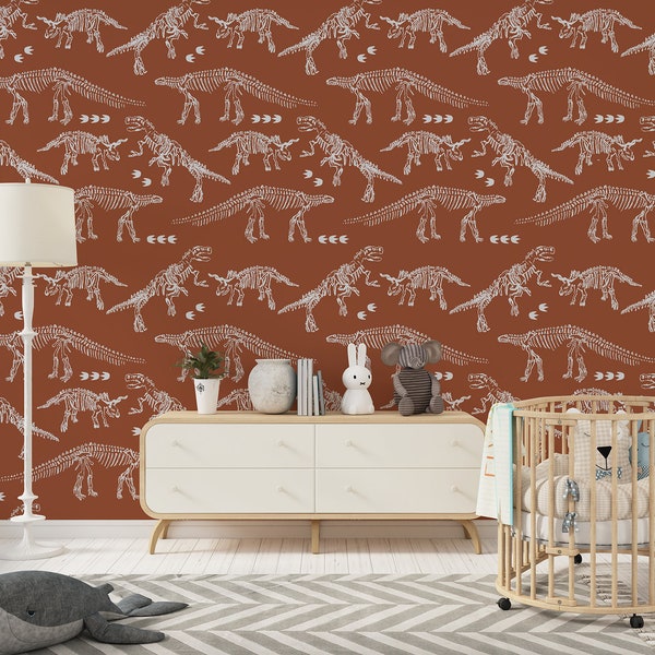 Rustic Orange Hand Drawn Dinosaur Removable Wallpaper, Peel And Stick Or Pre-Pasted Wallpaper For Kid's Bedroom, Boho Nursery Wall Decor