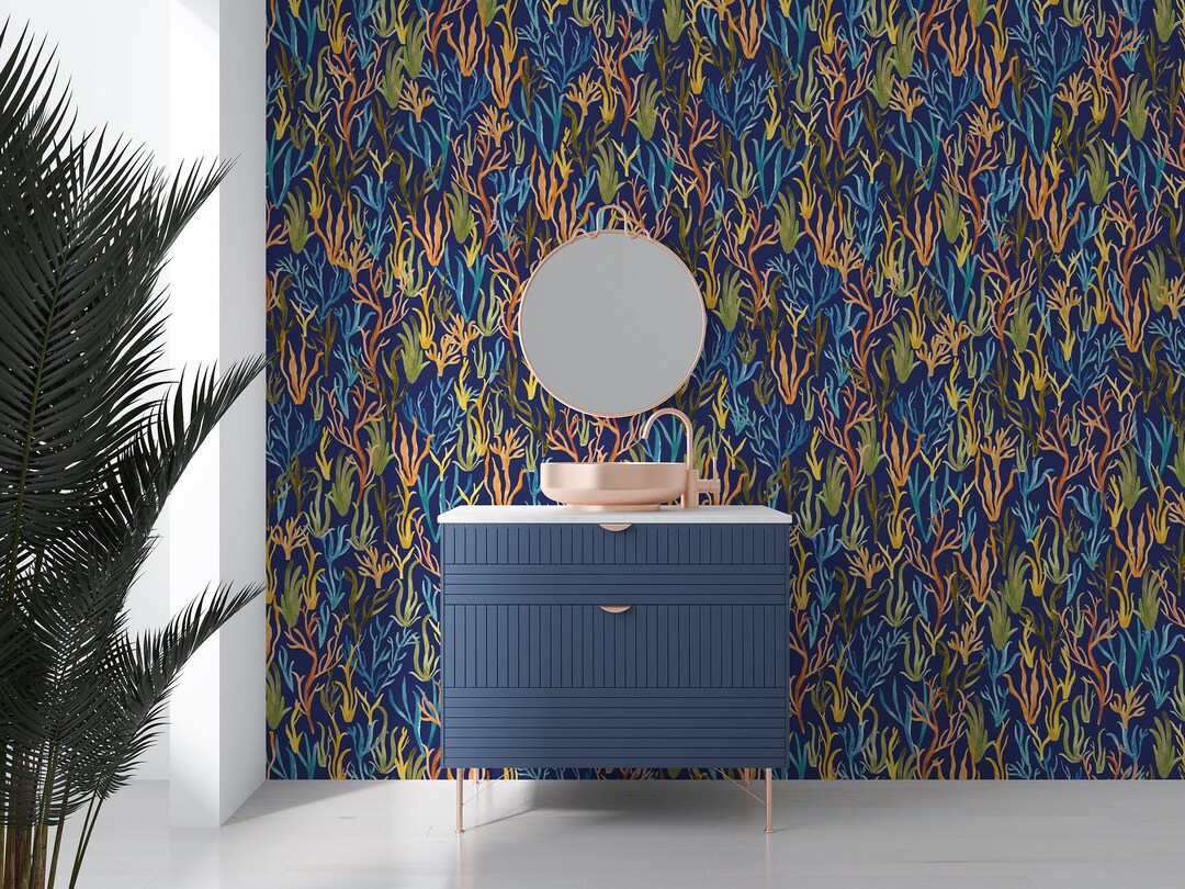Navy Blue Sea Coral Removable Wallpaper Ocean Themed Peel and Etsy