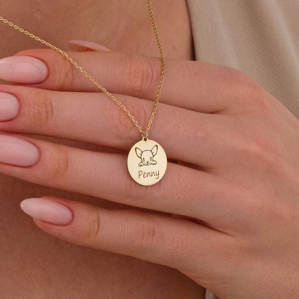 14K Gold Dog Name Necklace, Dog Figure and Name Necklace, Personalized Disc Pendant, Custom Name Necklace, Pet Loss Gifts, Mothers Day Gifts