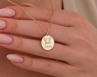 14K Gold Dog Name Necklace, Dog Figure and Name Necklace, Personalized Disc Pendant, Custom Name Necklace, Pet Loss Gifts, Mothers Day Gifts