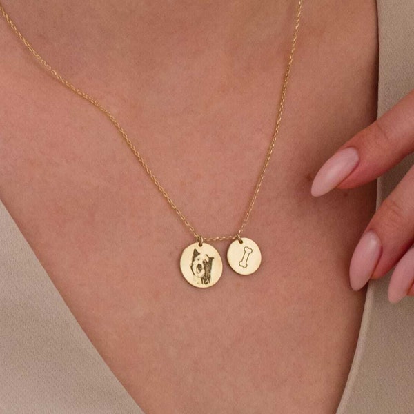 14K Gold Dog Photo Necklace, Dog and Bone Necklace, Personalized Gold Pet Jewelry, Custom Engraved Disc Necklace, Mothers Day Gifts For Her