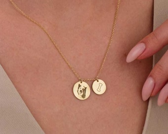 14K Gold Dog Photo Necklace, Dog and Bone Necklace, Personalized Gold Pet Jewelry, Custom Engraved Disc Necklace, Mothers Day Gifts For Her
