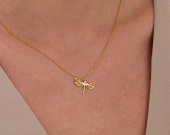 14K Gold Dragonfly Necklace, Dainty Dragonfly Animal Necklace, Minimalist  Pendant, Handmade Jewelry, Mothers Day Gift For Mom, Gift For Her