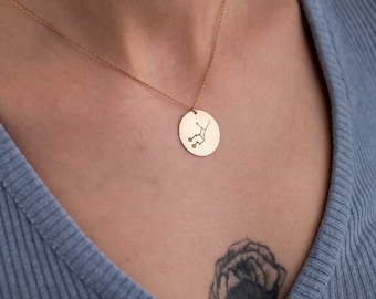 Custom Zodiac Star Map Necklace, Valentine's Day Gift for Her, Birth Chart Necklaces, Engraved Zodiac Charm Necklace, Gold Disc Necklace